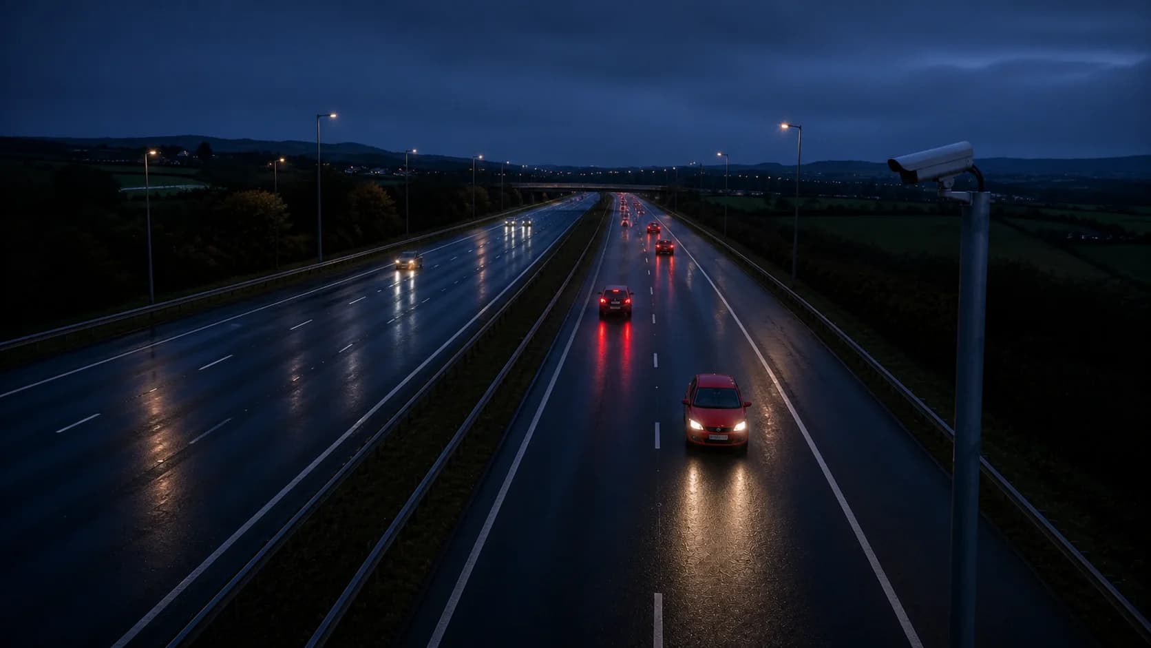 Illustrative motorway camera view showing a red car facing oncoming traffic in the same carriageway while other vehicles travel away