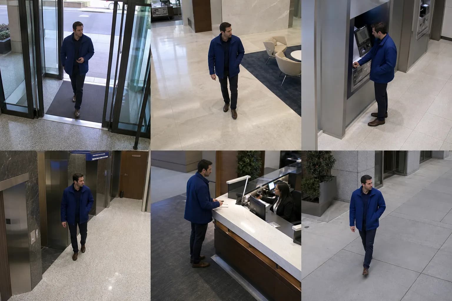 Person in a blue jacket moving through a monitored branch